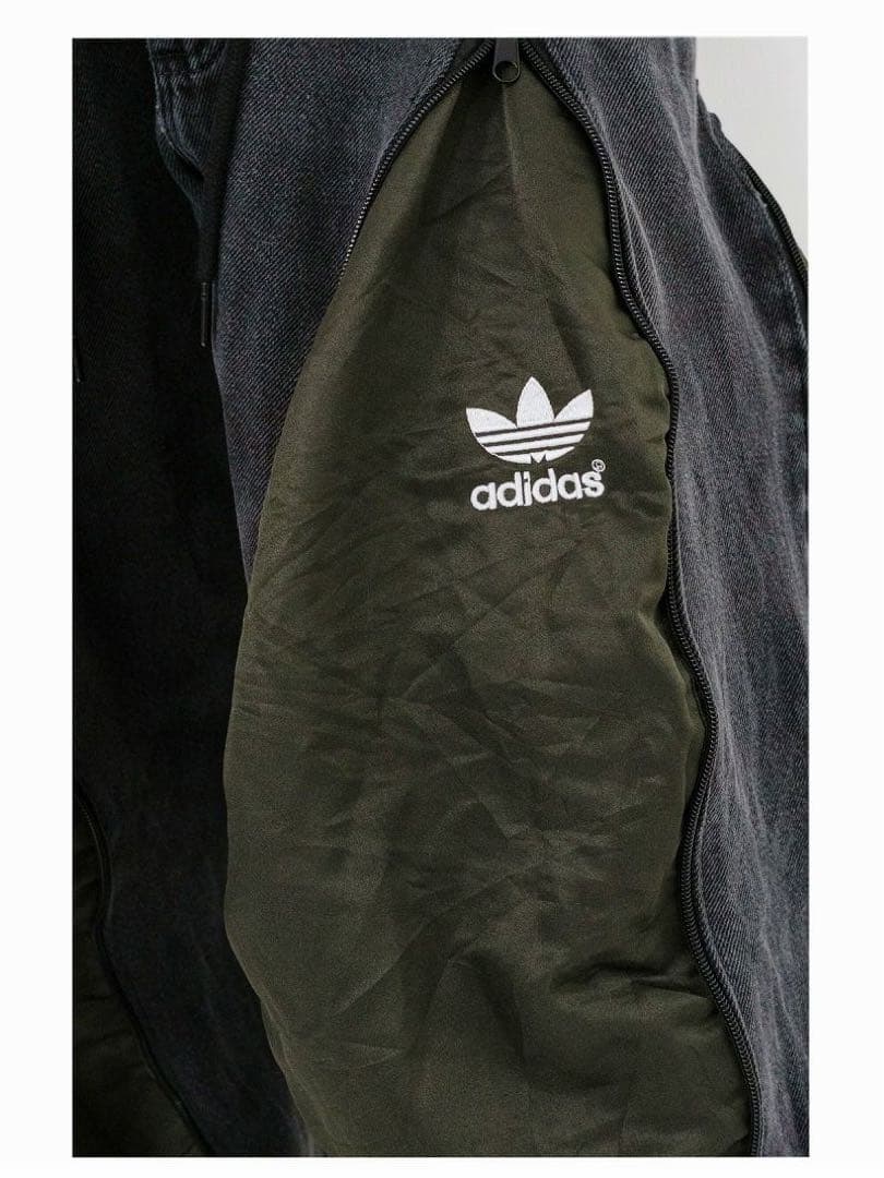 再構築4ジッパーワイドパンツadidas 古着リメイク カーキ101183