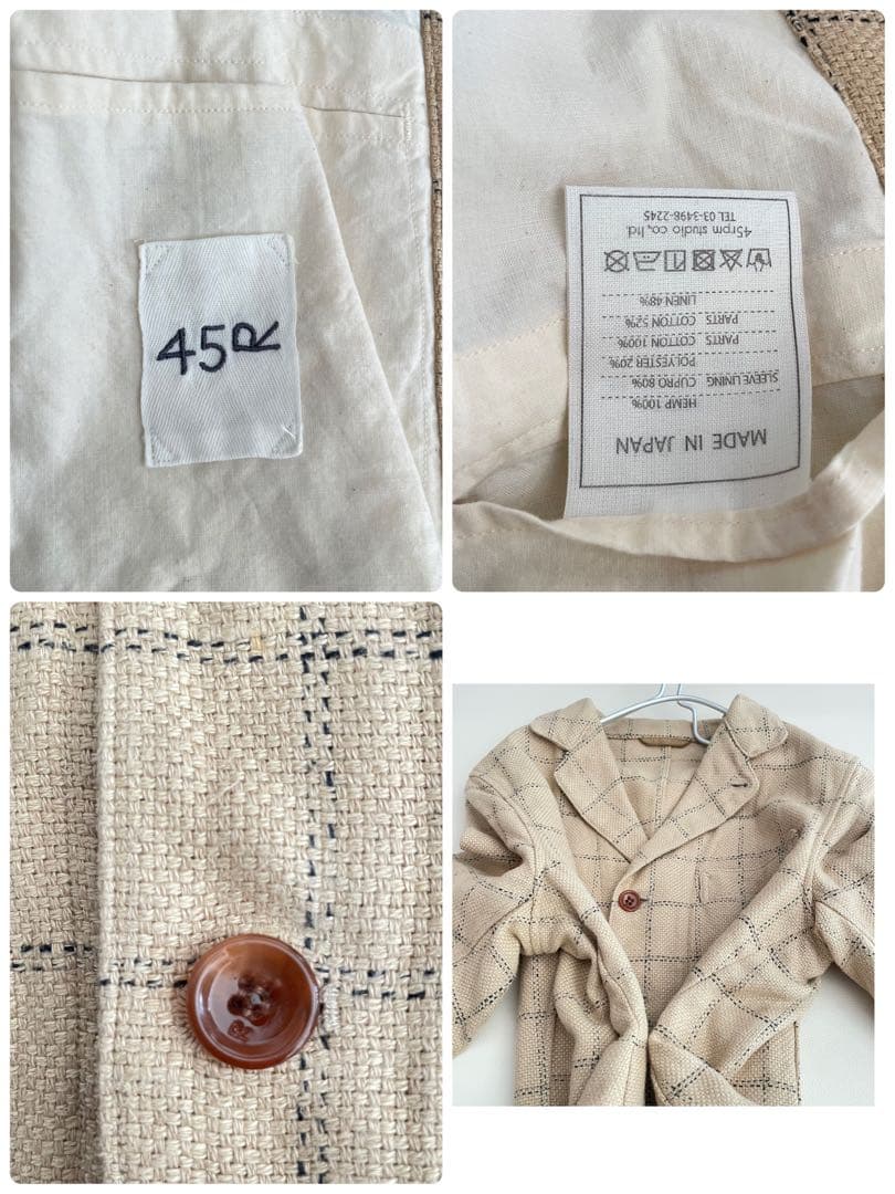 美品✨45R リネンヘンプ　ウィンドウペン　チェックテーラードジャケット　R刺繍