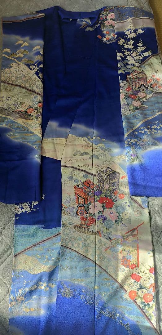 青色 風景柄 振袖 帯付き