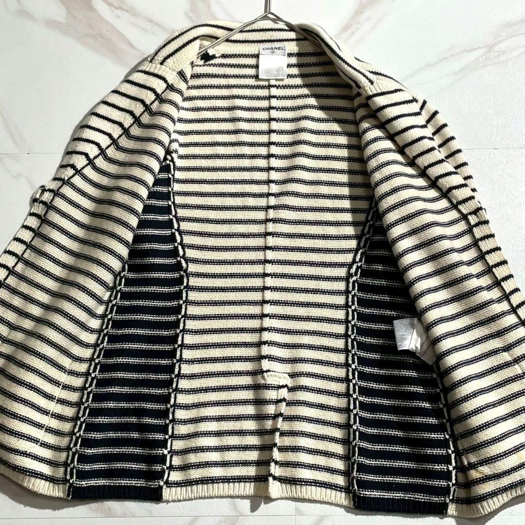 カシミヤ混●CHANEL ニットジャケット ボーダー ロゴ サイズ42 白系