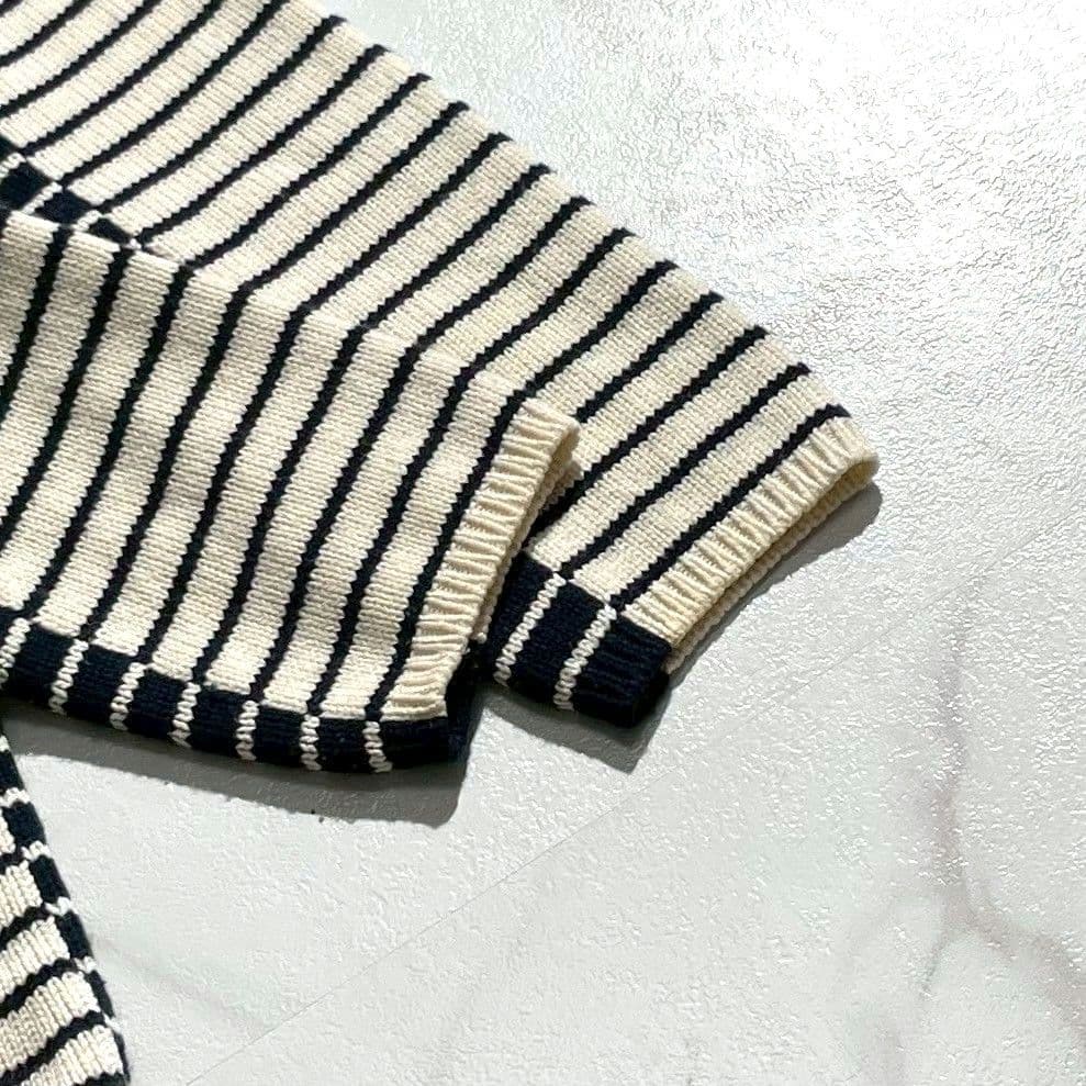 カシミヤ混●CHANEL ニットジャケット ボーダー ロゴ サイズ42 白系