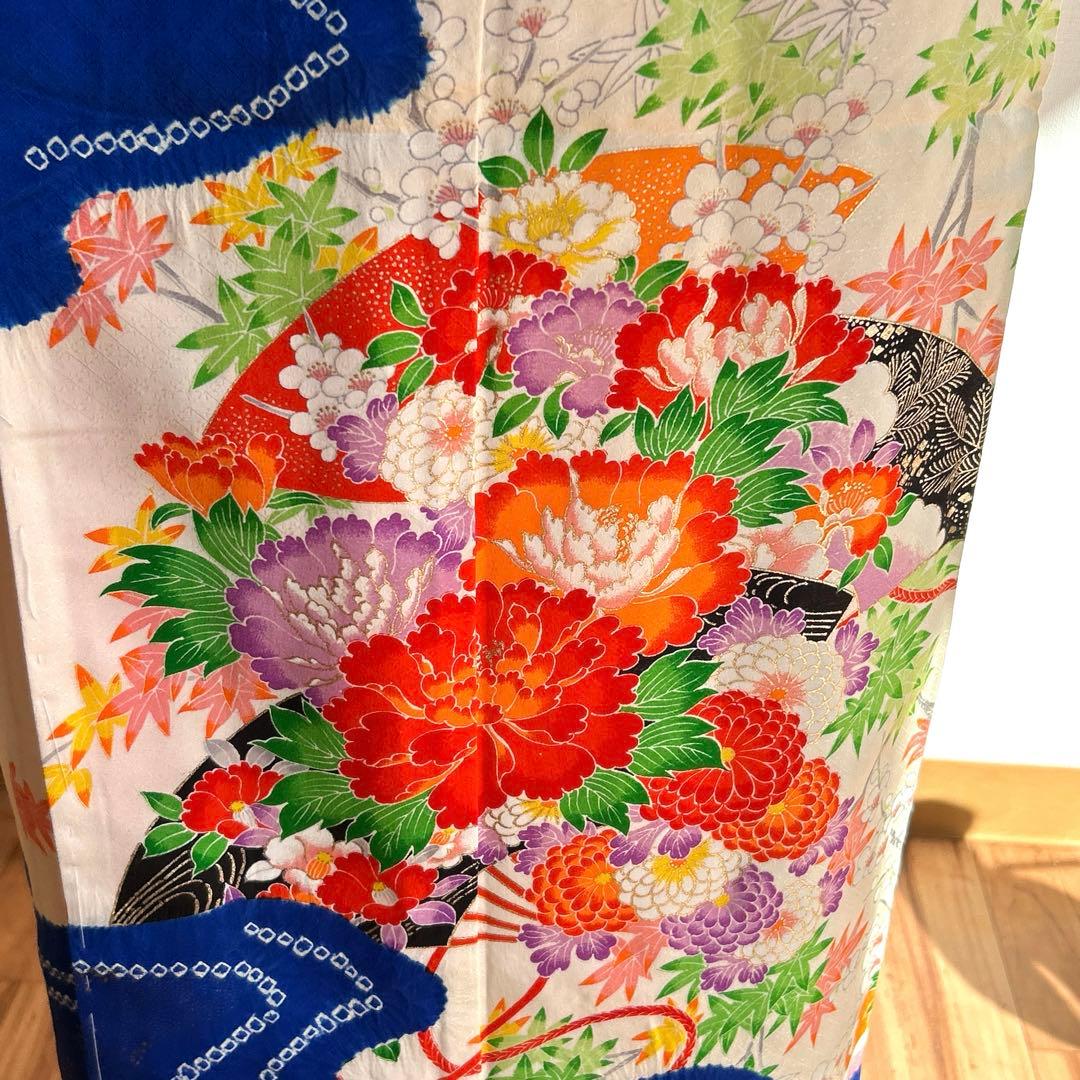 七五三 女の子 着物　7才 青地花柄 古風　(菊・楓・菖蒲・梅など)