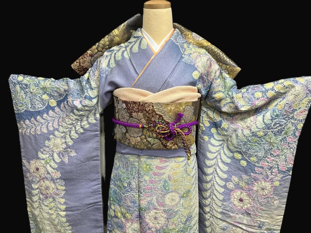 パープル系 辻が花 金通し振袖 辻が花六通柄袋帯フルセット