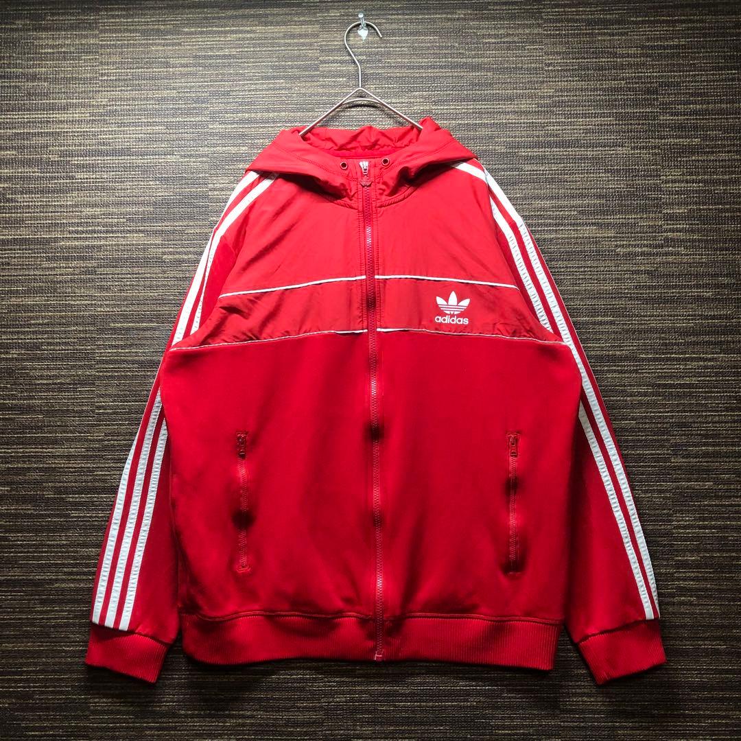 adidas オリジナル　レッド ジップアップジャージ　Y2K フード付き