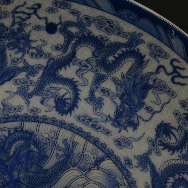 大清乾隆青花九龍盤 景徳鎮 陶磁器 装飾品 現代工芸品 美術品 置物