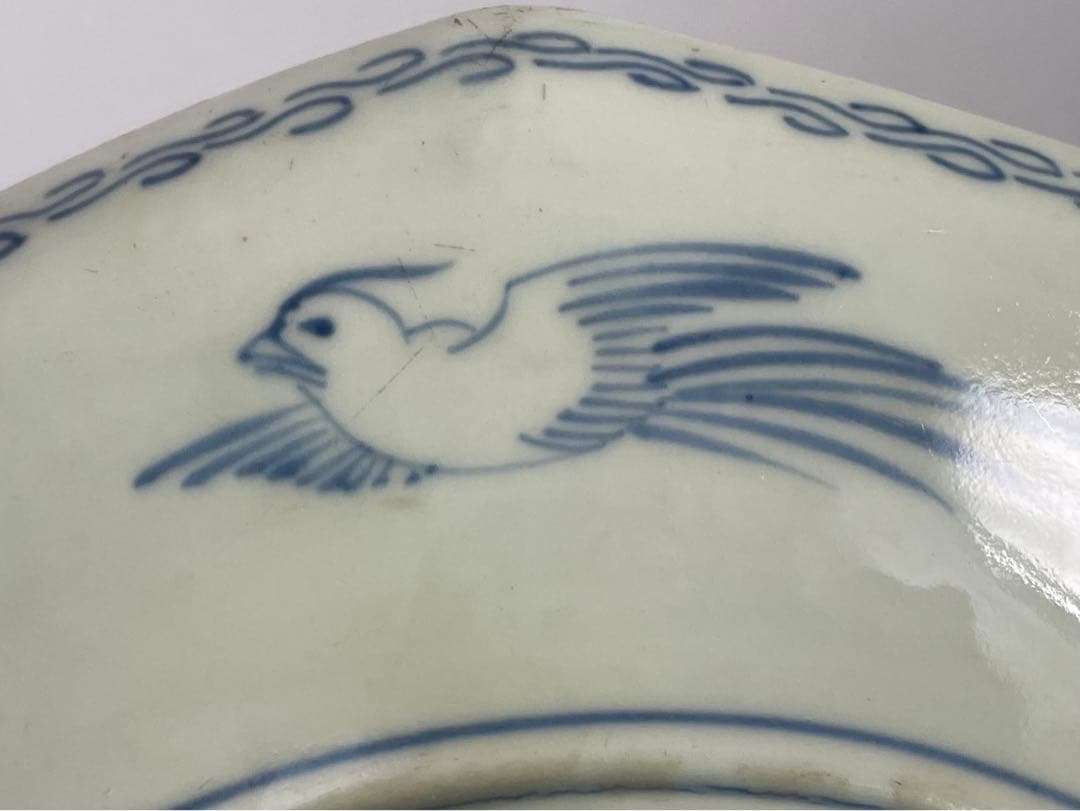 骨董　アンティーク　古伊万里　染付　鳳凰牡丹図　菱形皿　大皿　飾り皿　お正月