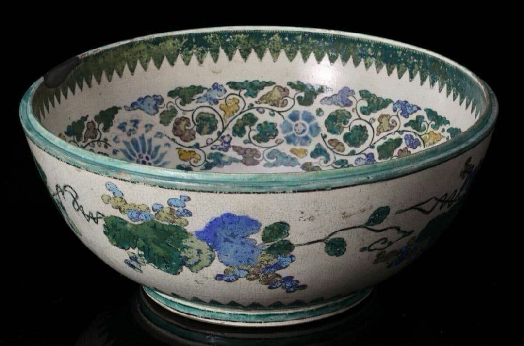 中国 陶器古伊万里 青手 纏枝花開光花図 大飾 和食器 色絵 大皿 骨董