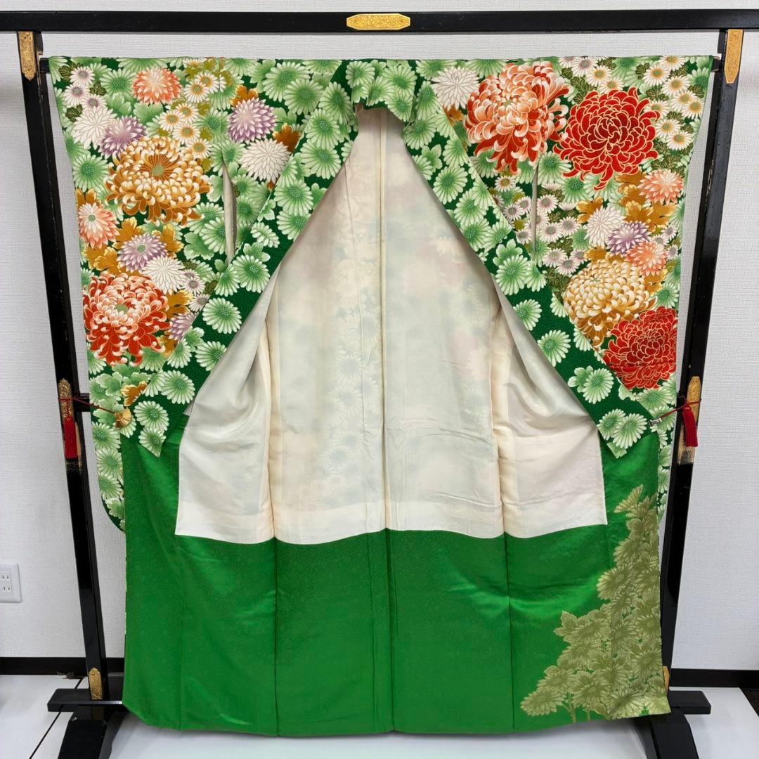 振袖 正絹 金駒刺繍 人気色のグリーン系 圧巻の花々 広衿 袷 着物翼-501