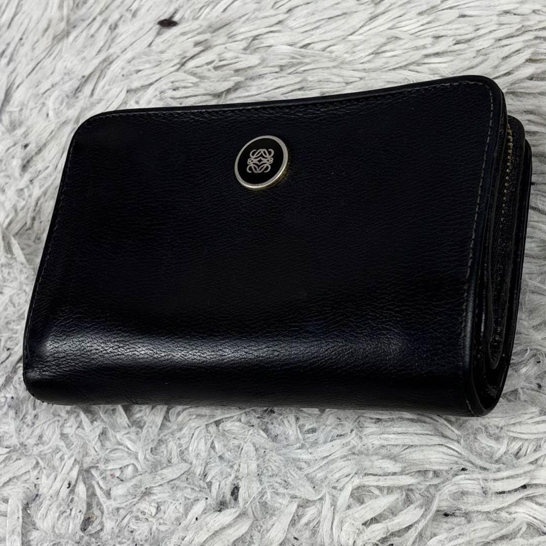 極美品 LOEWE レザー 折り財布 ラウンドファスナー アナグラム ブラック