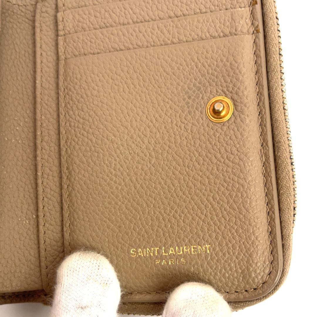 YSL イヴ・サンローラン ベージュ レザー 二つ折り財布 ラウンドジップ