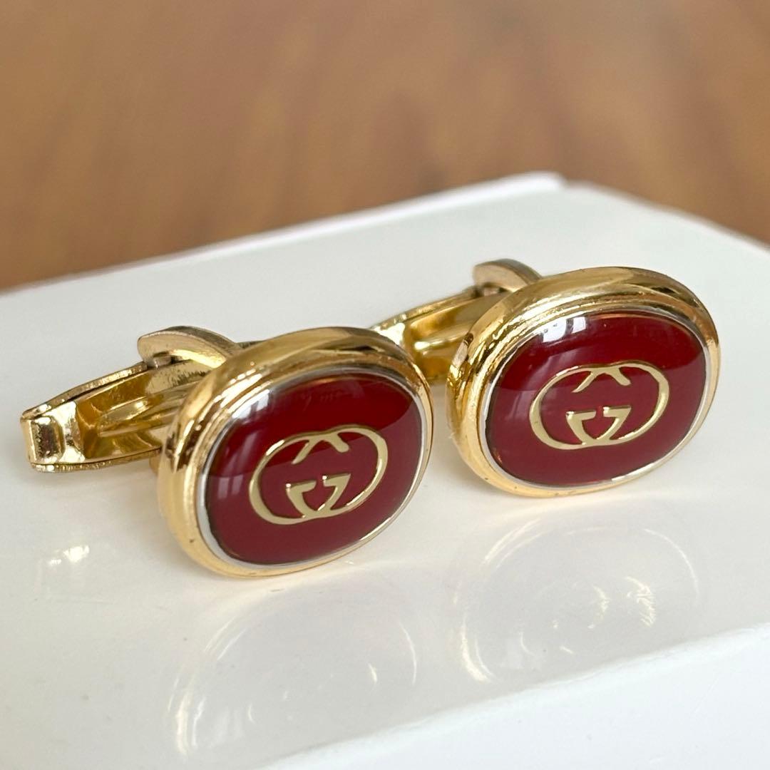 GUCCI オールドグッチ ヴィンテージ GG カフスボタン ゴールド レッド