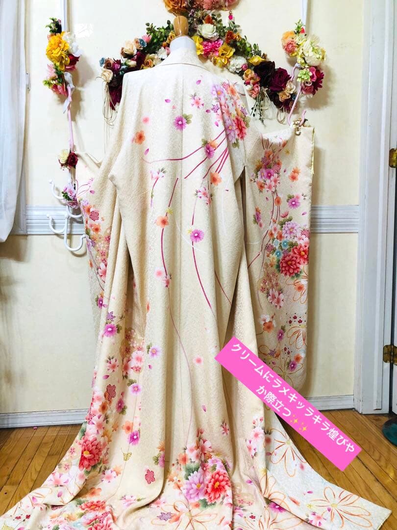 振袖正絹フルセット‼️豪華絢爛クリームラメキッラキラ ⭐︎花々金彩刺繍⭐︎新品豪華袋帯