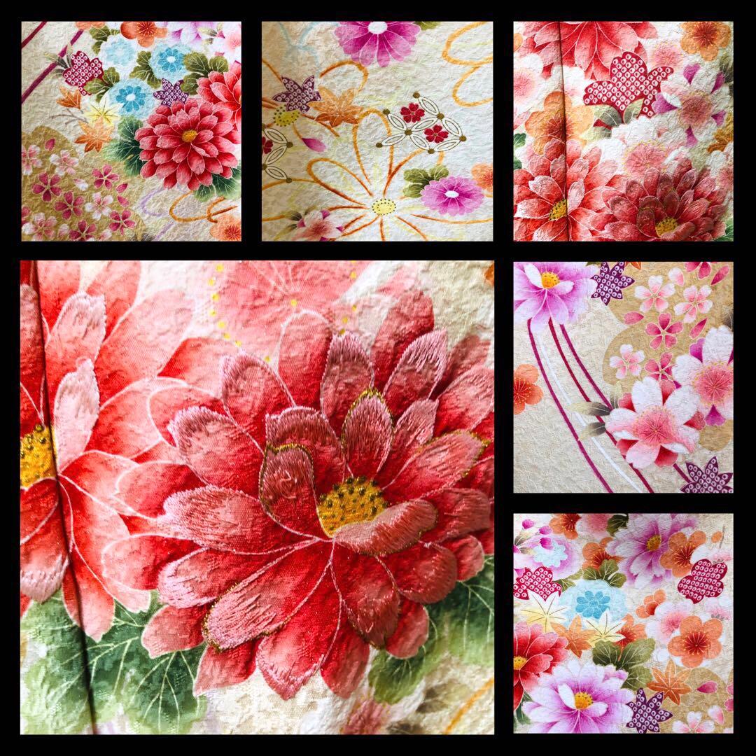 振袖正絹フルセット‼️豪華絢爛クリームラメキッラキラ ⭐︎花々金彩刺繍⭐︎新品豪華袋帯