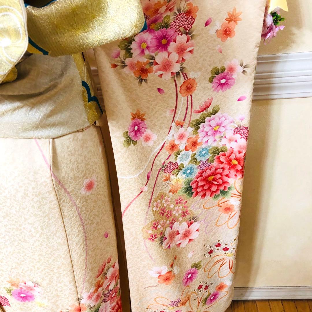 振袖正絹フルセット‼️豪華絢爛クリームラメキッラキラ ⭐︎花々金彩刺繍⭐︎新品豪華袋帯