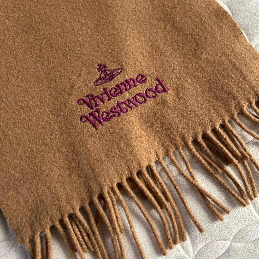 美品✨Vivienne Westwood キャメル　ブラウンマフラー　紫ロゴ刺繍