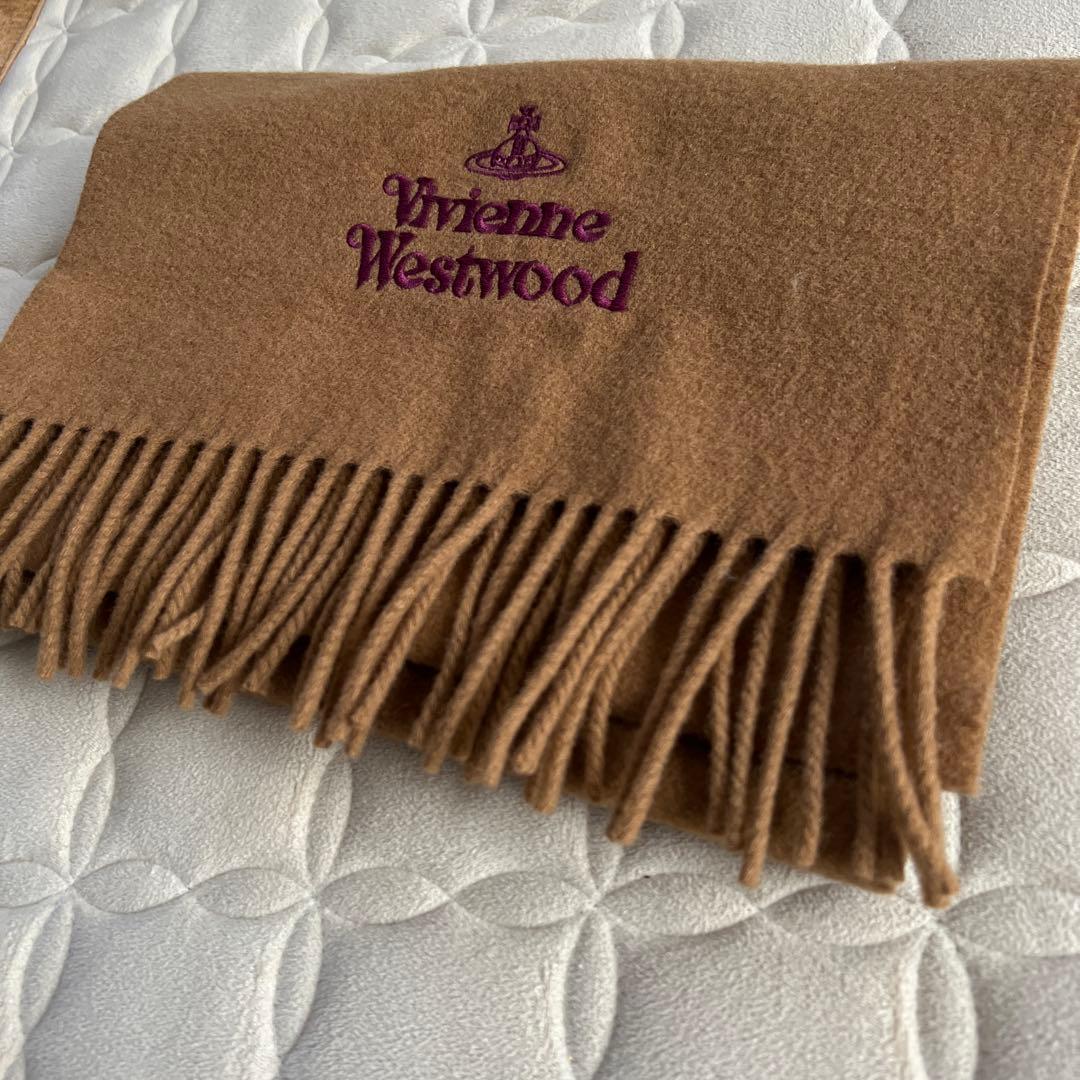 美品✨Vivienne Westwood キャメル　ブラウンマフラー　紫ロゴ刺繍