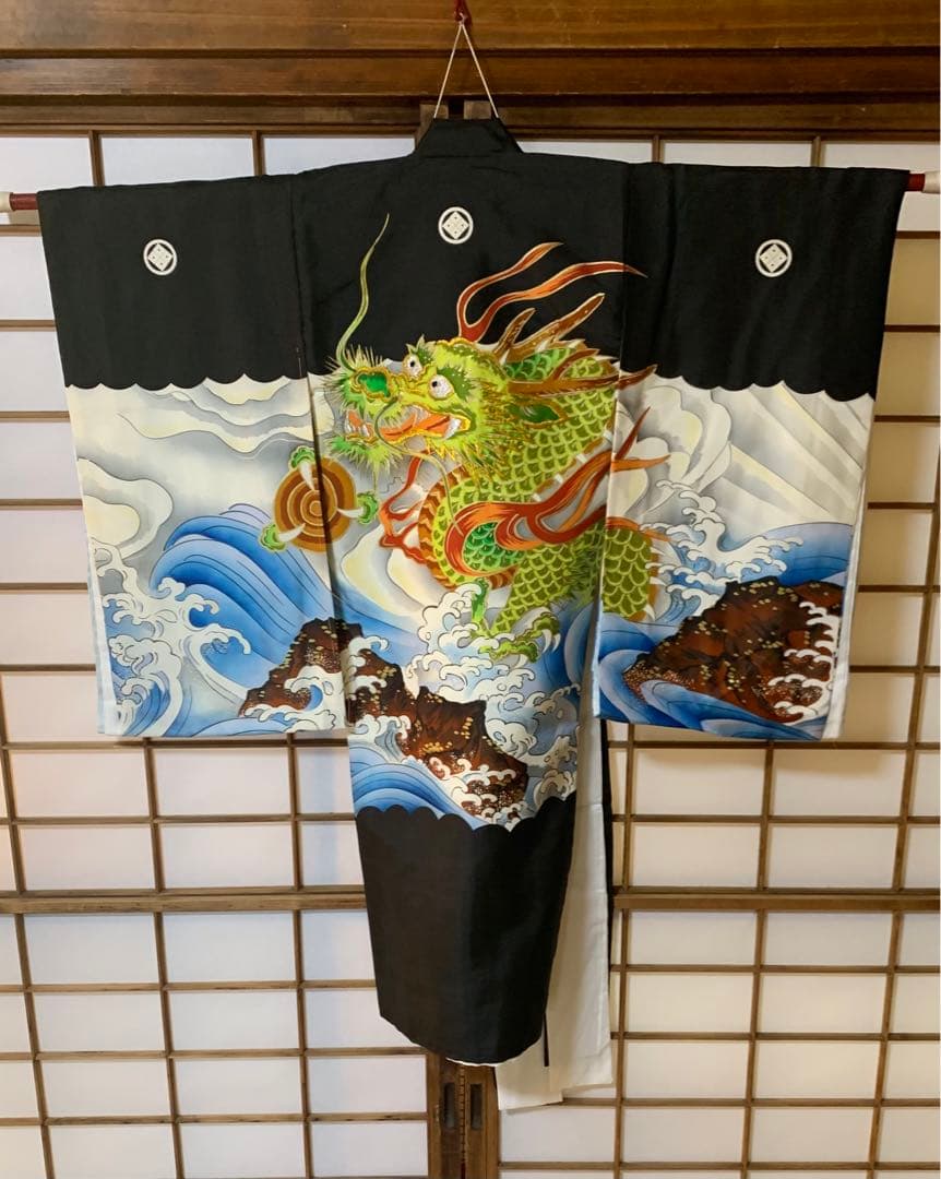 祝い着男子供 産着熨斗目着物 正絹羽二重地 kana T71