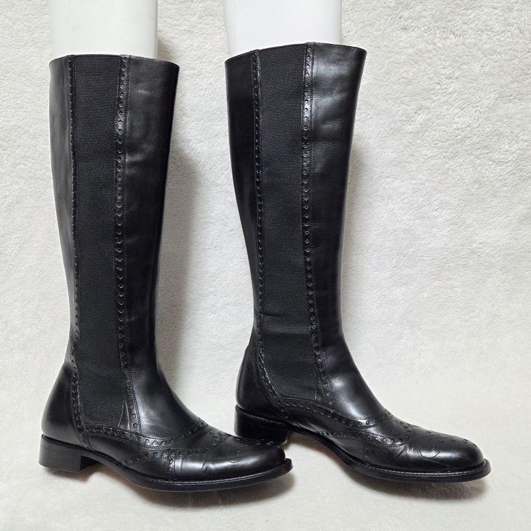 【美品】ALKA レザー サイドゴア ウィングチップ ロングブーツ 黒 24.5
