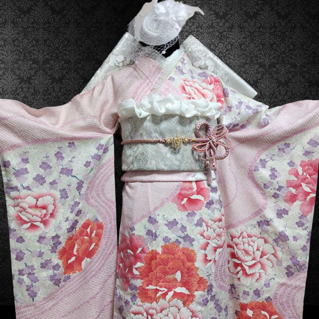 振袖フルセット(9点)・成人式・くすみ・高級手絞り・銀彩加工・大輪牡丹・正絹