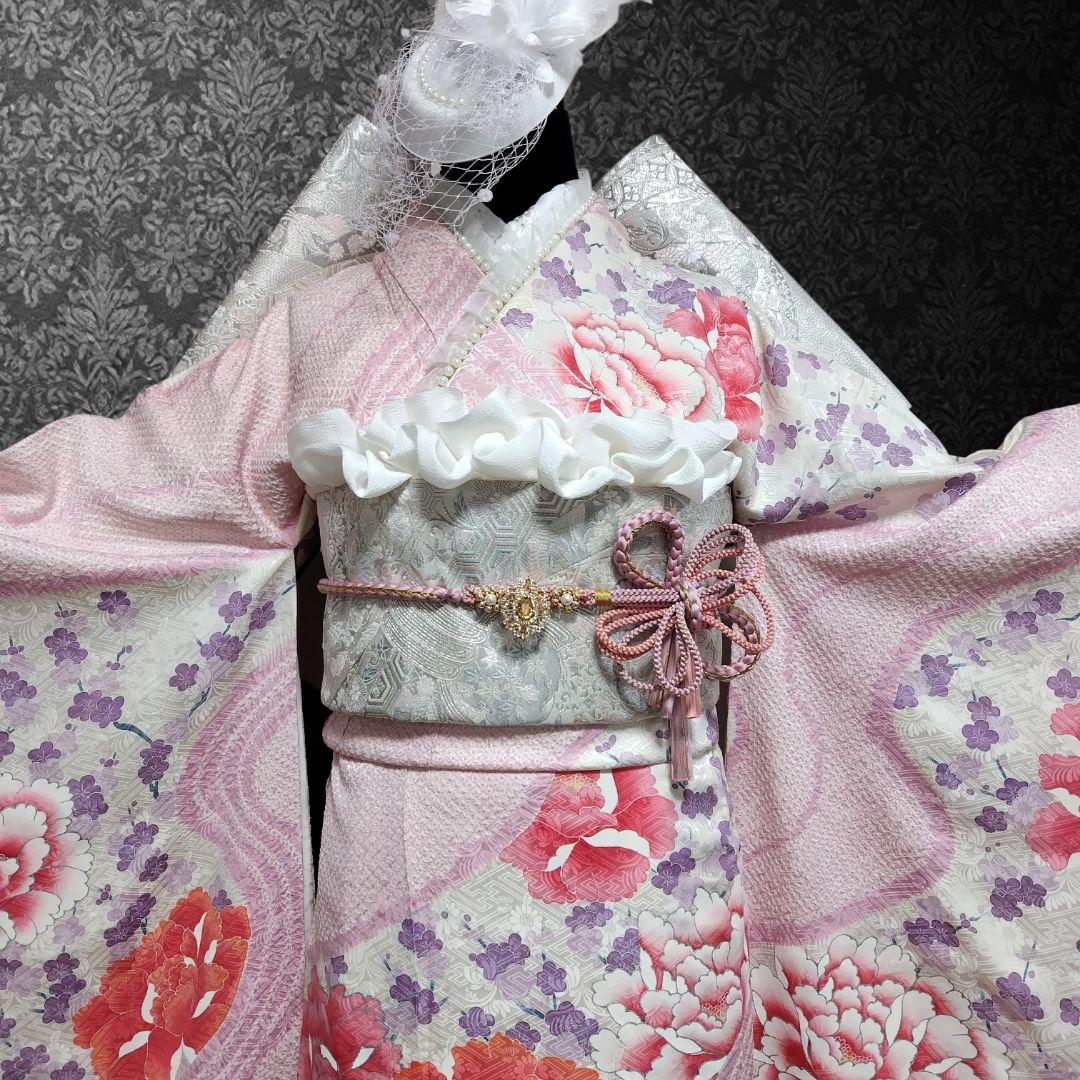 振袖フルセット(9点)・成人式・くすみ・高級手絞り・銀彩加工・大輪牡丹・正絹