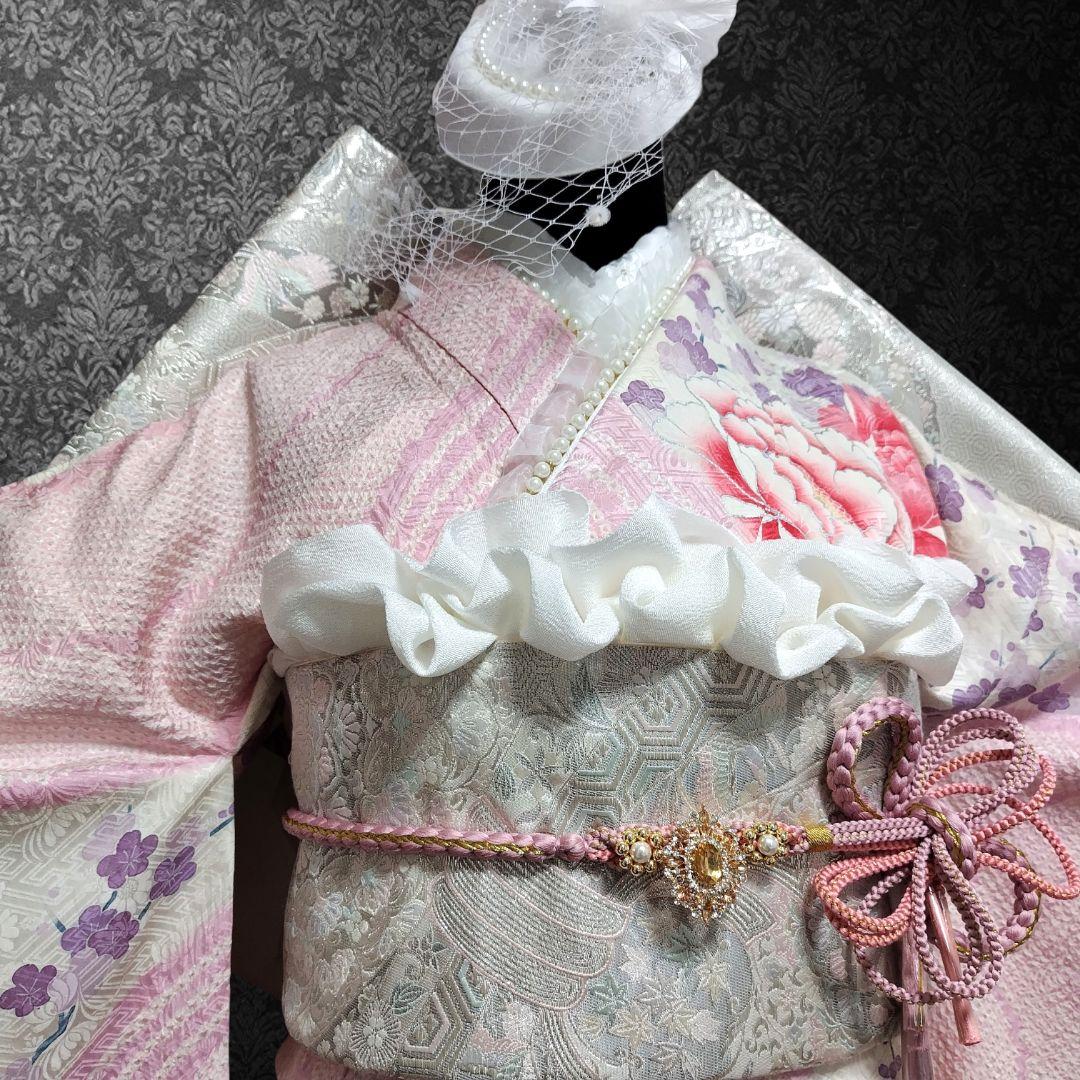 振袖フルセット(9点)・成人式・くすみ・高級手絞り・銀彩加工・大輪牡丹・正絹