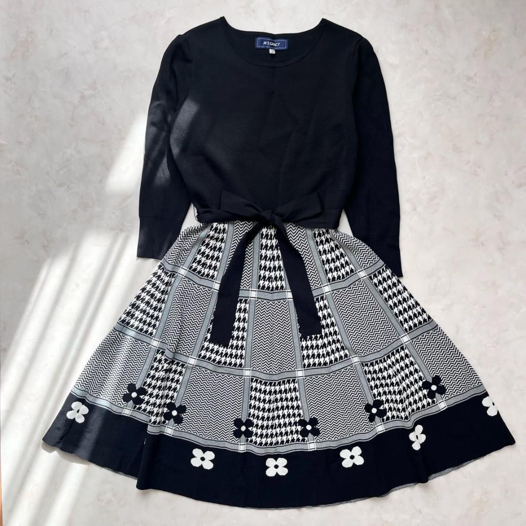M'S GRACY ワンピース　花柄　Aライン　ベルト　カットソー　千鳥柄 M