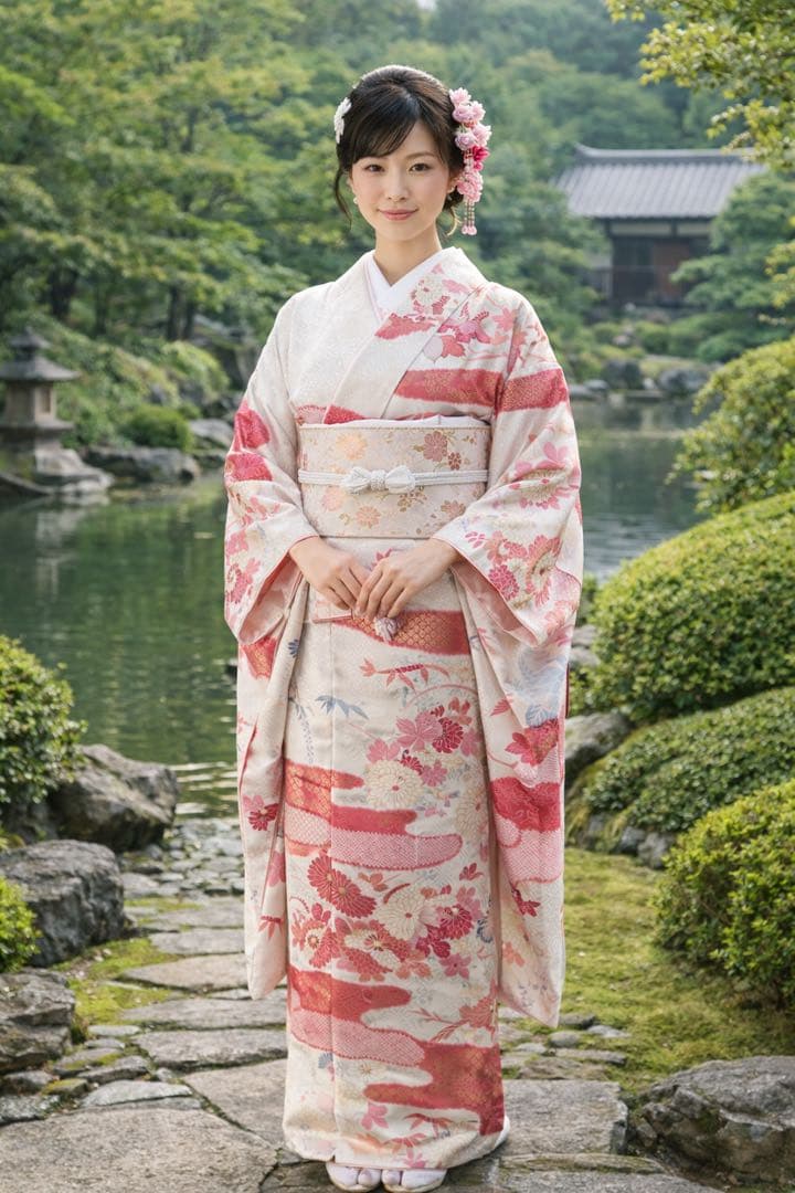 振袖 一つ紋 金彩 地紋入り 正絹 白系 ピンク花柄 上質