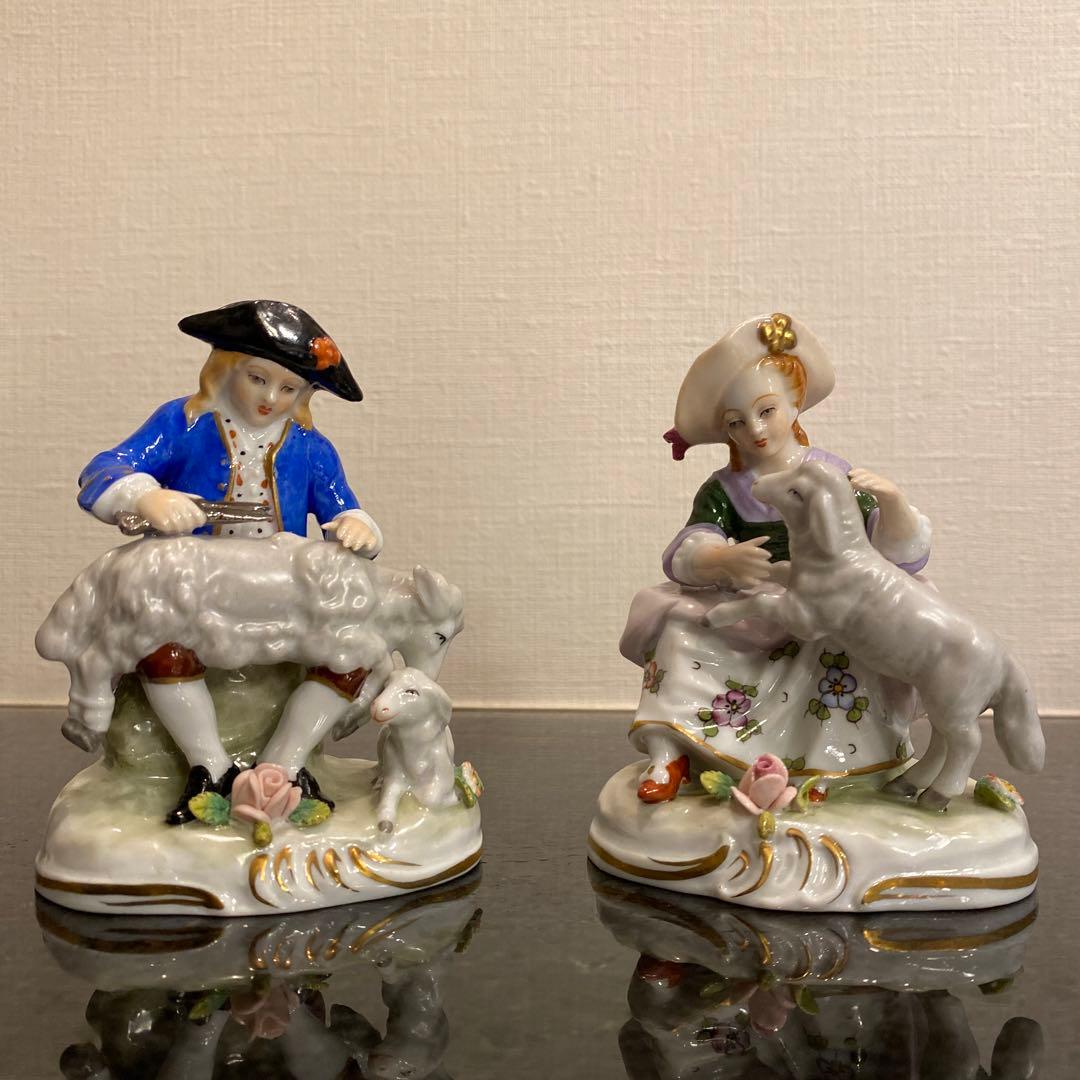 【希少♡一点物】ジッツェンドルフ　カップルと羊　磁器人形