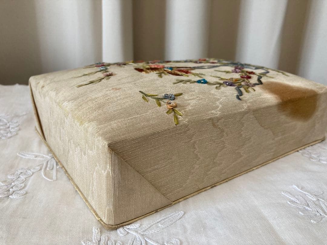 フランス アンティーク 花かご&リボン 薔薇リボン刺繍ボックス ローズバスケット