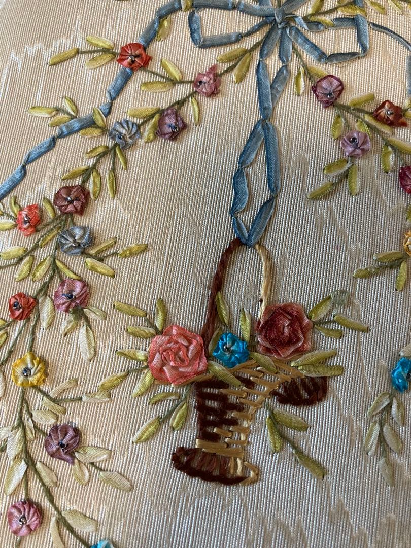 フランス アンティーク 花かご&リボン 薔薇リボン刺繍ボックス ローズバスケット