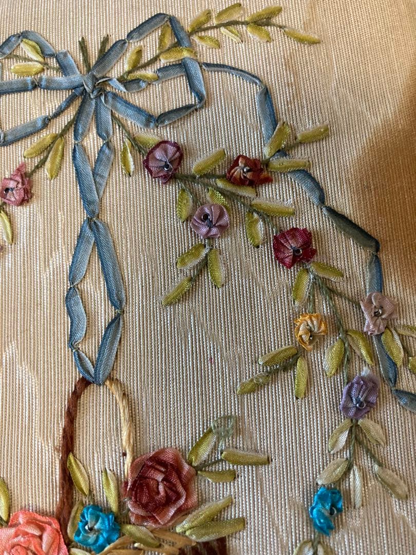 フランス アンティーク 花かご&リボン 薔薇リボン刺繍ボックス ローズバスケット