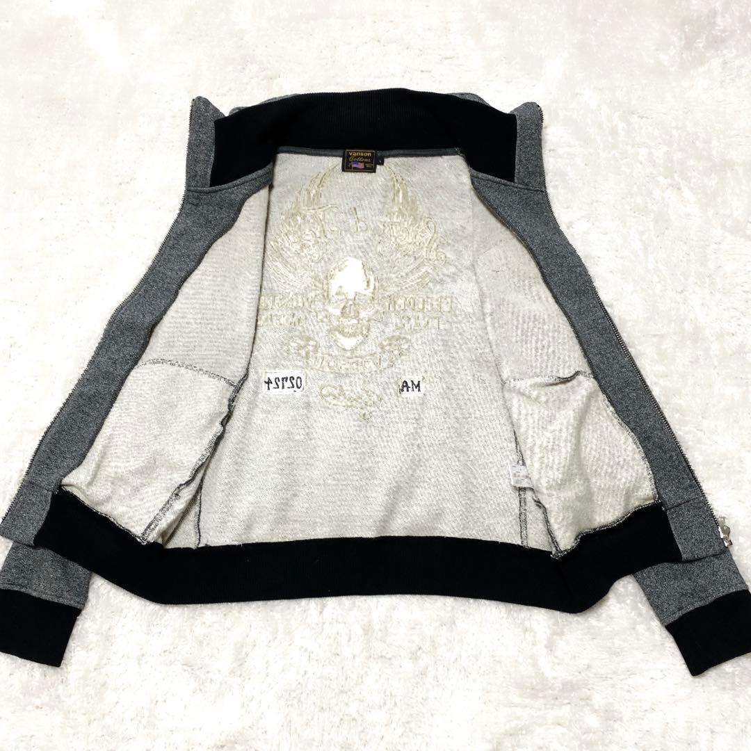 VANSON スカル刺繍 コットン スウェットブルゾン グレー L 2way