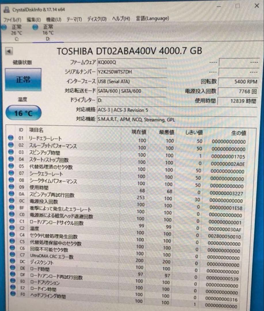 東芝 4TB HDD DT02ABA400V 正常判定 12,839時間