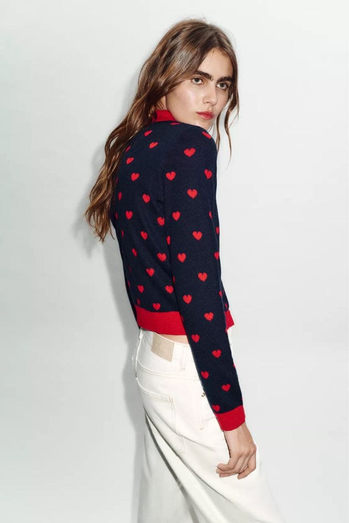 完売品ZARA ハート柄ジャカードニットカーディガン Mサイズ新品タグ付き