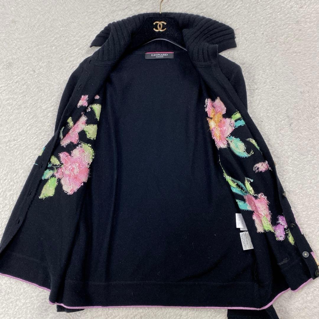 美品/カシミヤ＆シルク 現行タグ レオナール 花柄 カーディガン L タートル黒