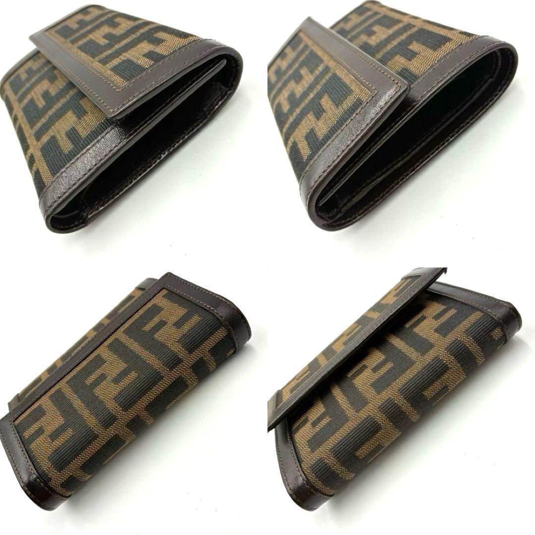 未使用級 フェンディ 三つ折り財布 ズッカ柄 キャンバス レザー 焦茶 箱付き