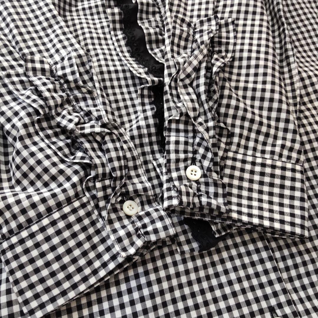 未使用級 プラダ ギンガムチェック フリル 長袖 シャツワンピース ブラック38