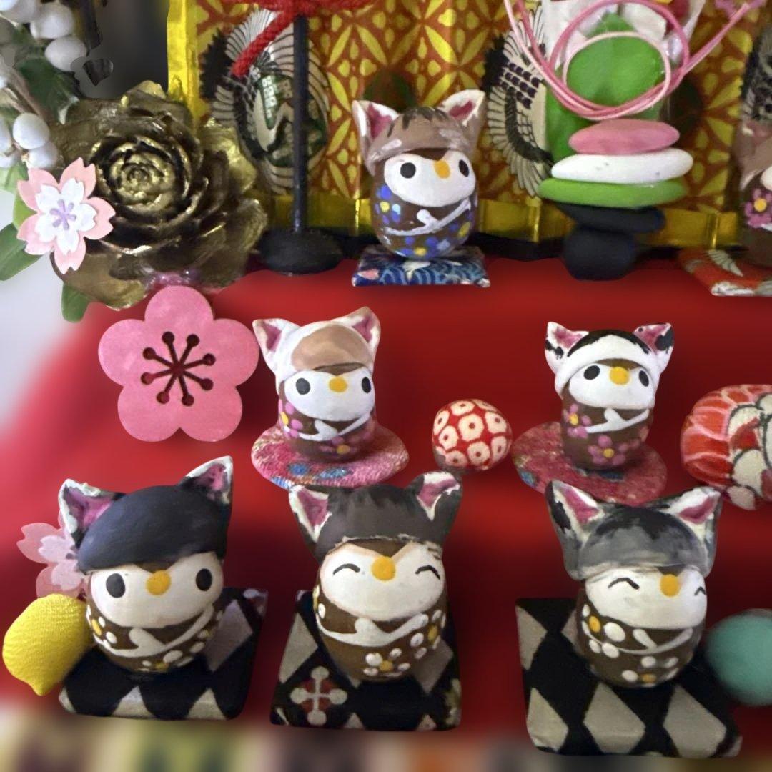 どんぐりアート♡三段飾りねこ帽子お雛様オブジェ♡