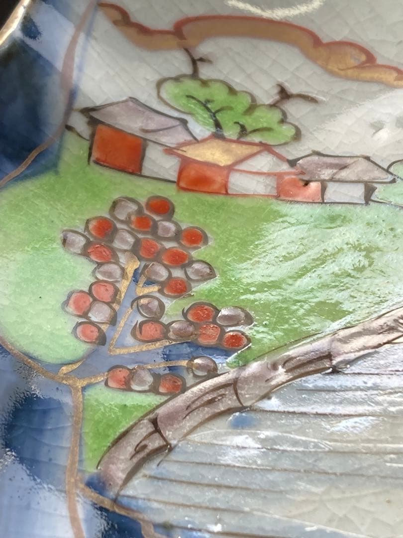 値下げ！古伊万里　染付　金彩　色絵　輪花中皿　山水画 骨董品　大皿　5枚セット