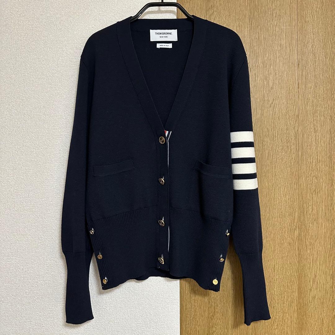 THOM BROWNE ウール4‐BAR Vネックカーディガン ネイビー 40
