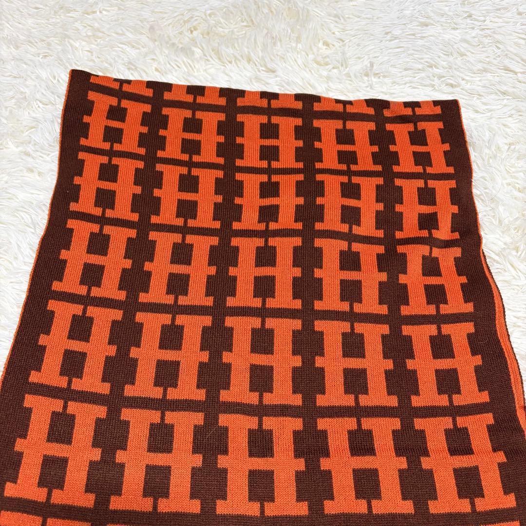 は*る様 HERMES エルメス Hロゴ マフラー オレンジ リバーシブル