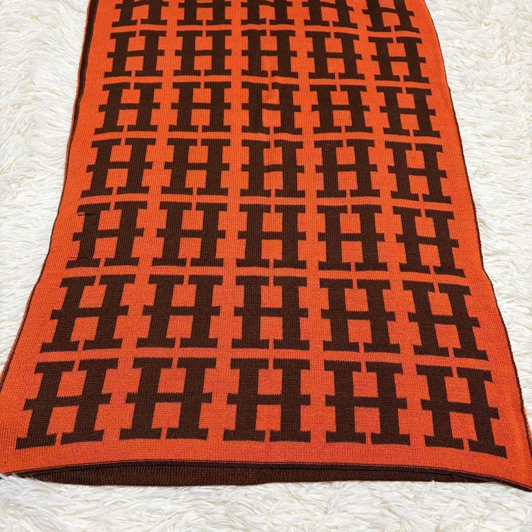 は*る様 HERMES エルメス Hロゴ マフラー オレンジ リバーシブル