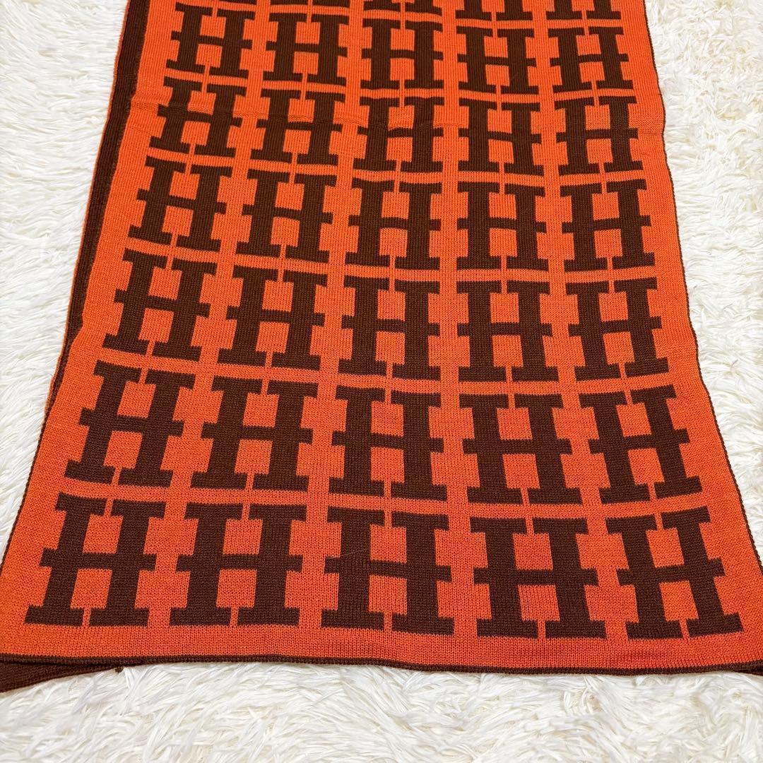 は*る様 HERMES エルメス Hロゴ マフラー オレンジ リバーシブル