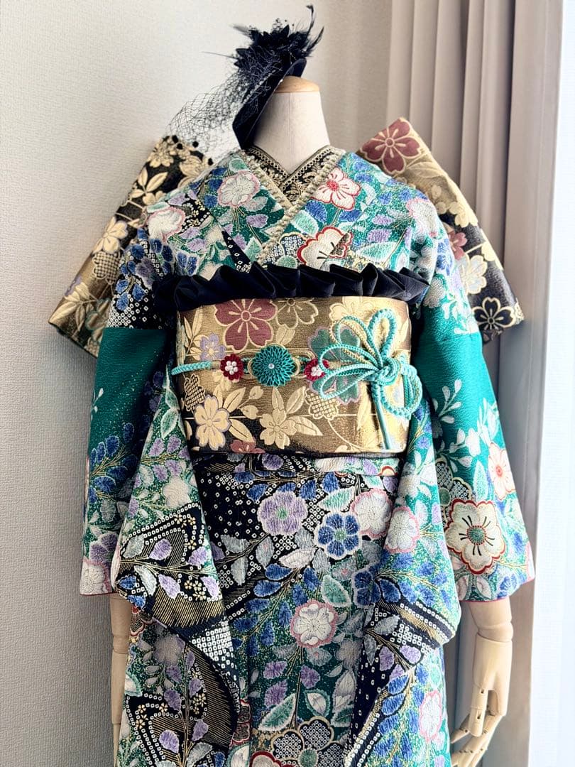 高級　振袖 エメラルドグリーン　金　辻ヶ花　振袖フルセット
