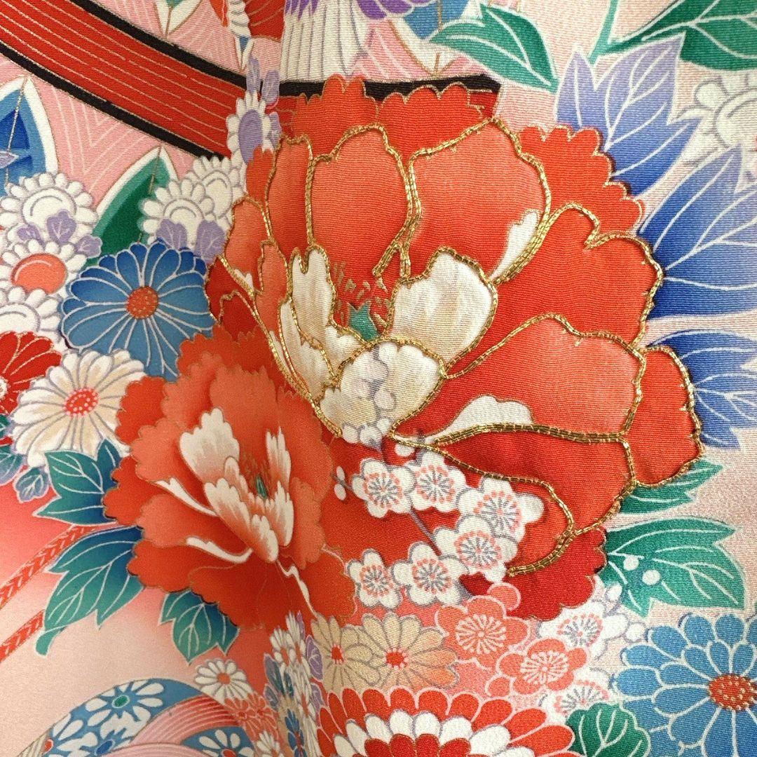 お宮参り　産着　祝着　初着　0歳　女の子　オレンジ　花　毬　長襦袢付7012