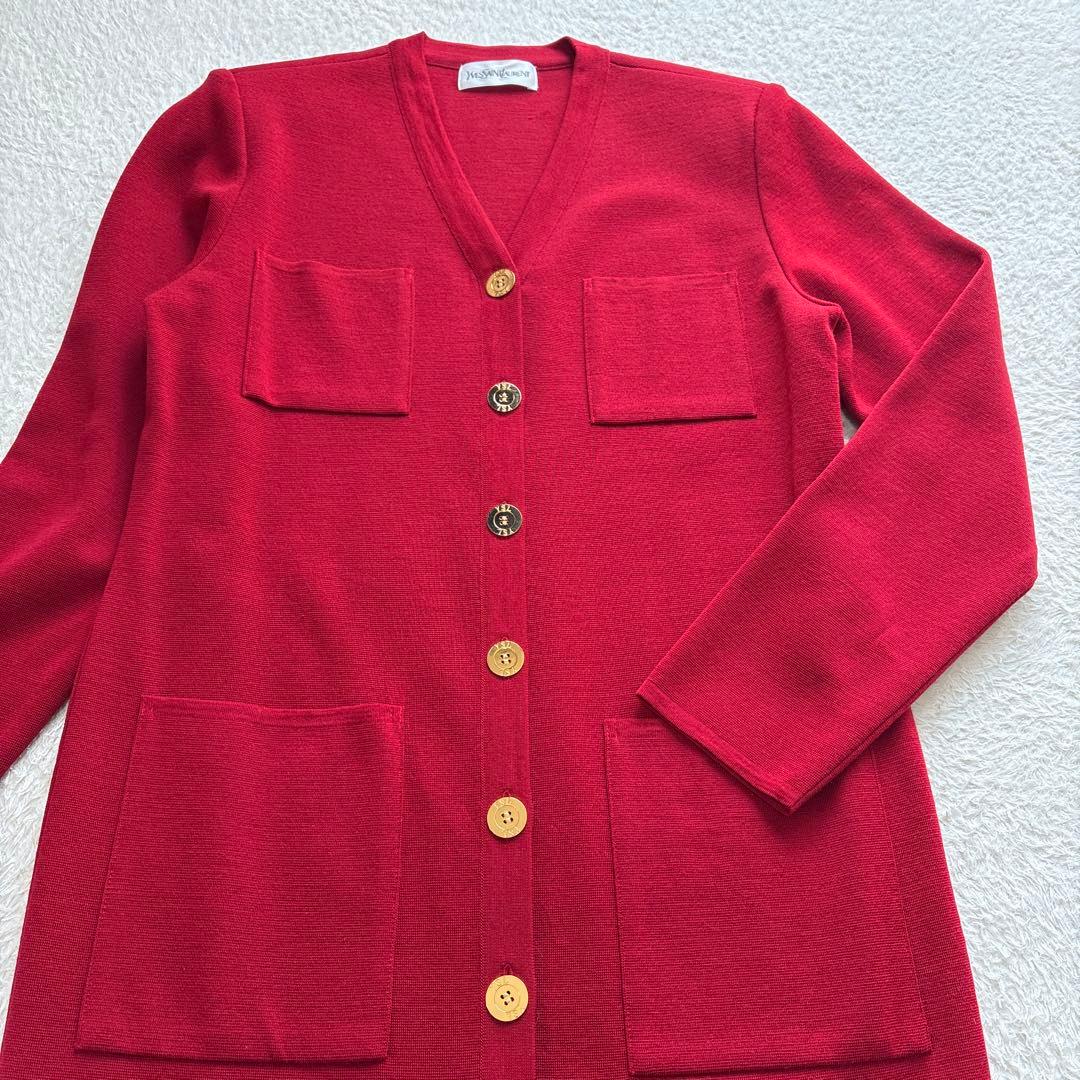 極美品✨イヴサンローラン　YSL 金ボタン　ロング カーディガン　レッド　M