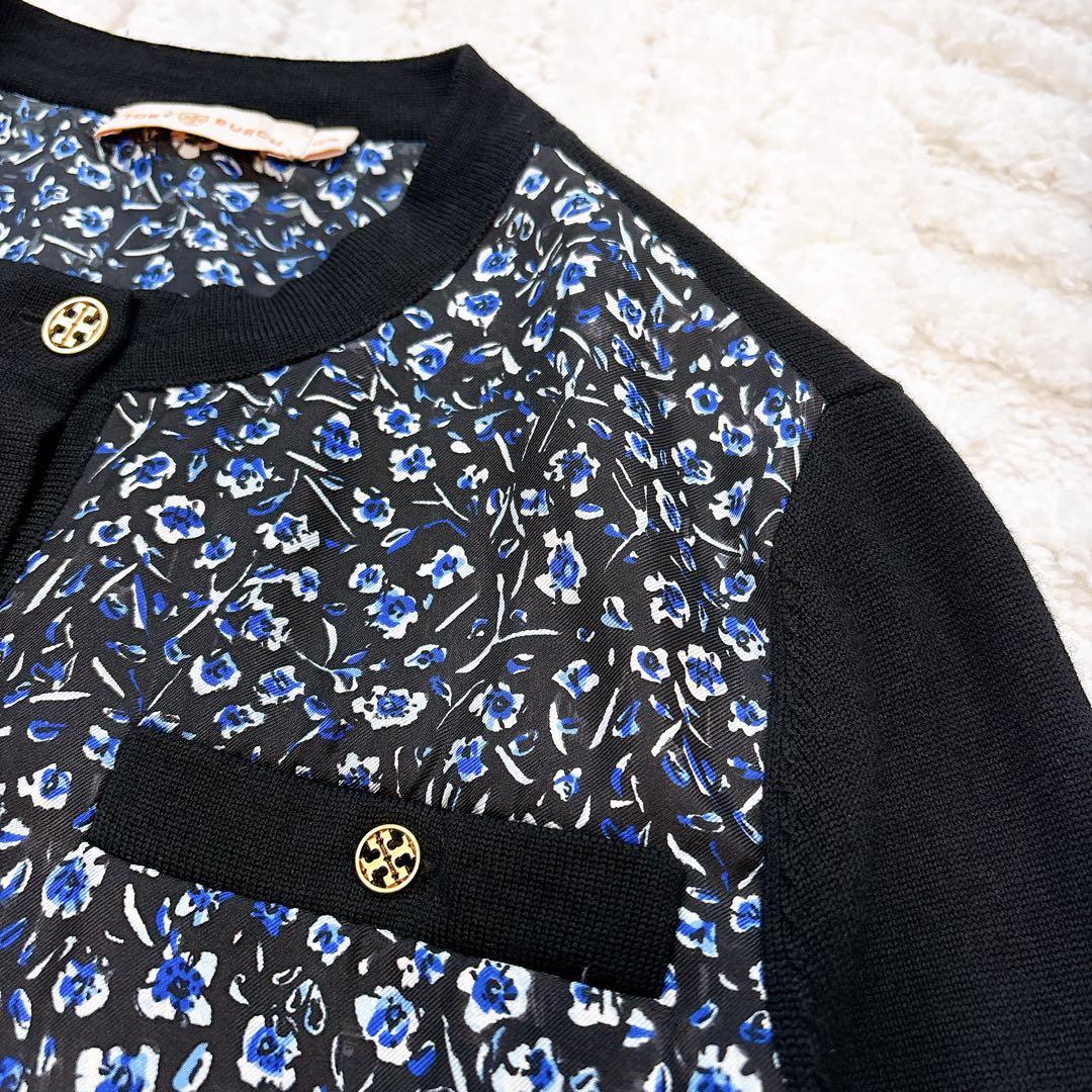 美品✨トリーバーチ　シルク/ウール　花柄カーディガン　ロゴボタン