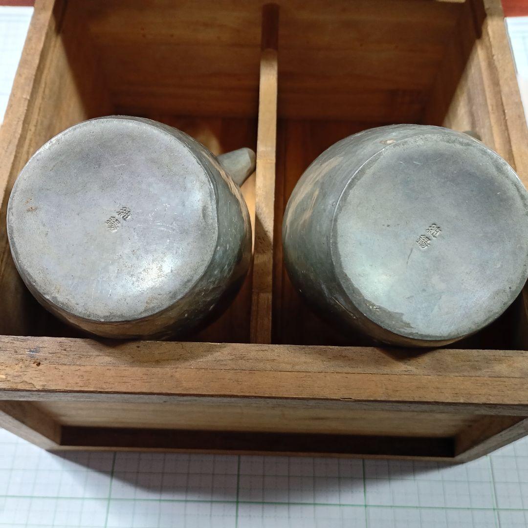 金属製純錫酒缶、茶器セット 2個 木箱付き
