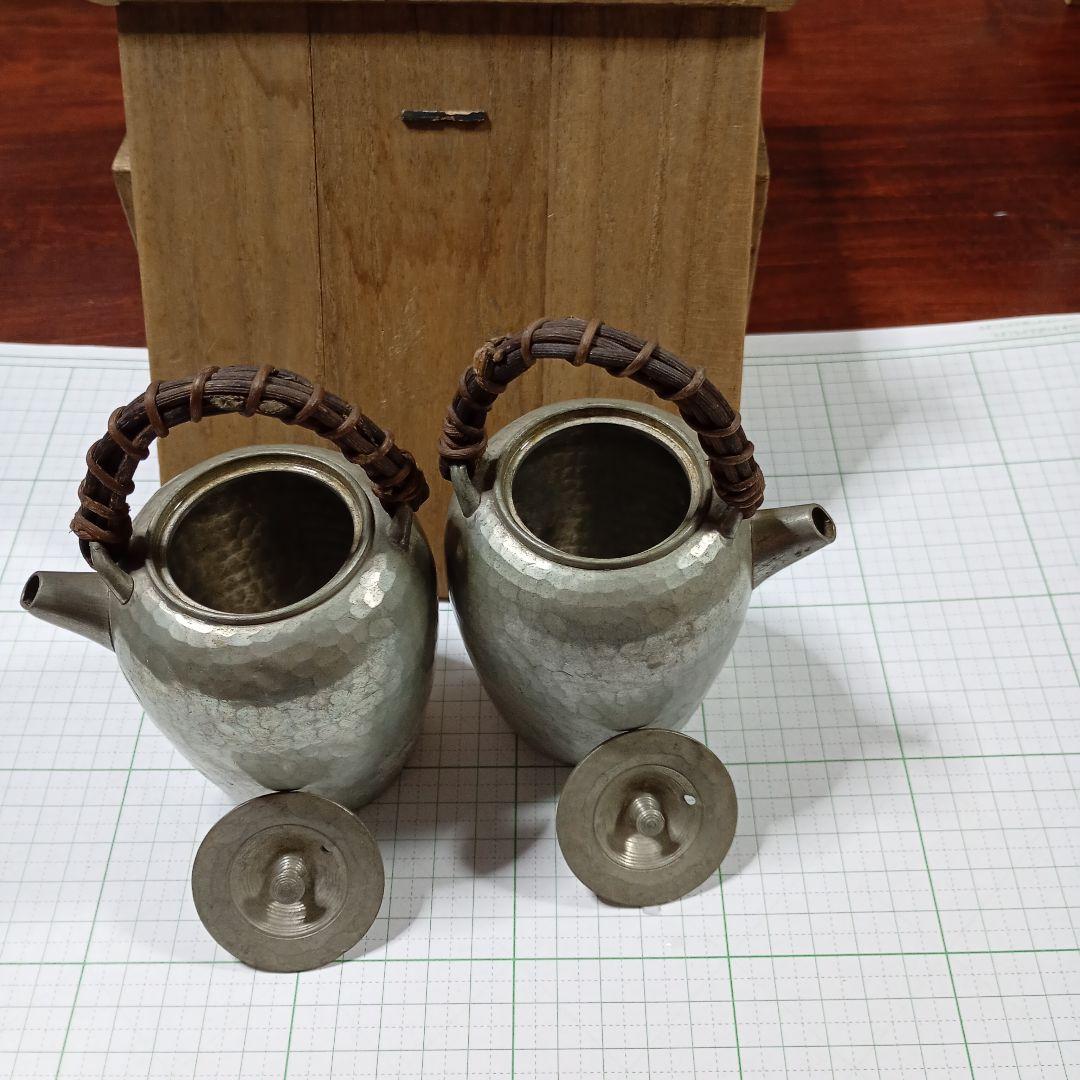 金属製純錫酒缶、茶器セット 2個 木箱付き