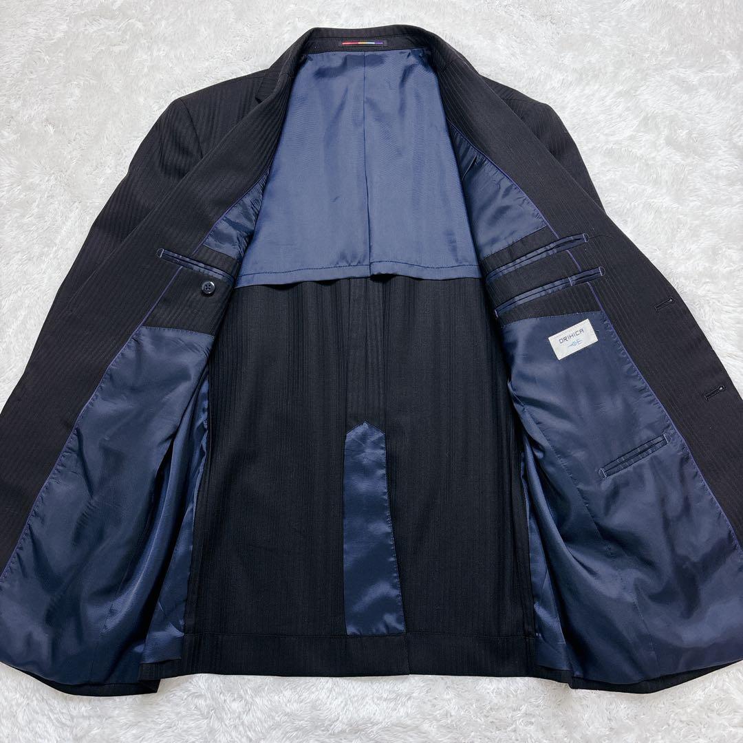 【美品】ORIHICA スーツ セットアップ AB5 黒 ストライプ ビジネス